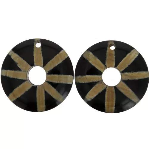 Ethnic horn pendants - round striped 51 mm Black / Brown x2