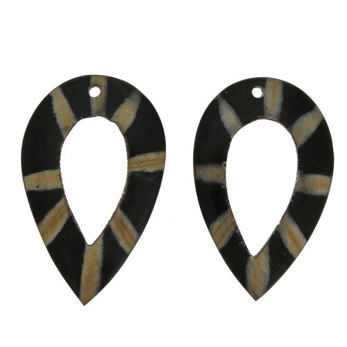 Ethnic horn pendants - striped drop shape 65x40 mm Black / Brown x2