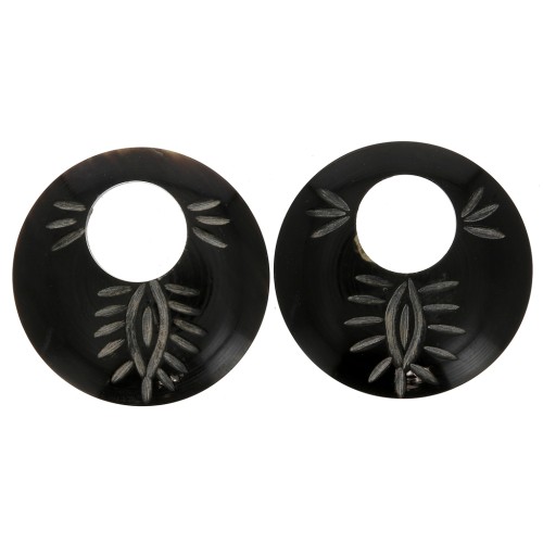 Ethnic horn pendants with engraving - round shape 50 mm Black x2