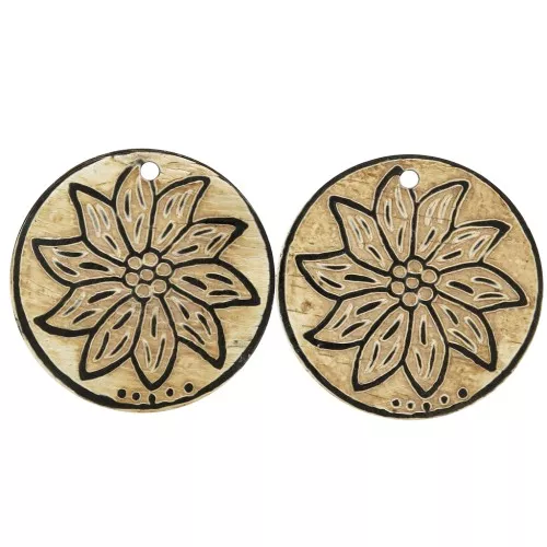 Ethnic horn pendants with flower engraving - round shape 50 mm Black/Brown x2