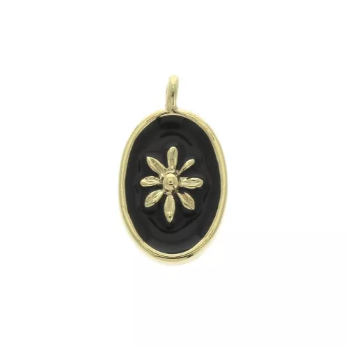 Oval charm with epoxy resin sun pattern 14x8.5 mm Gold/Black x1