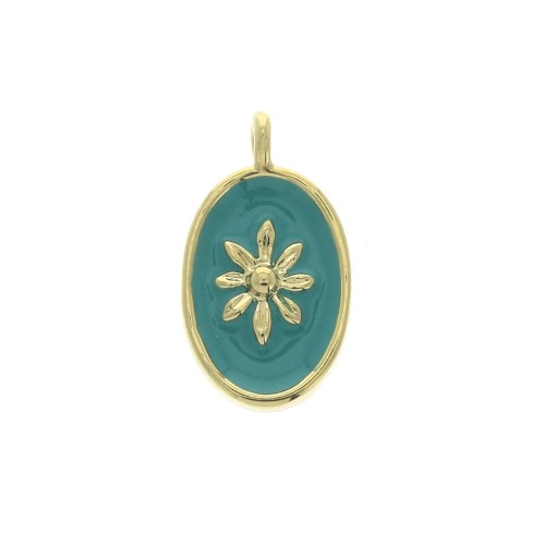 Oval charm with epoxy resin sun pattern 14x8.5 mm Gold/Turquoise x1
