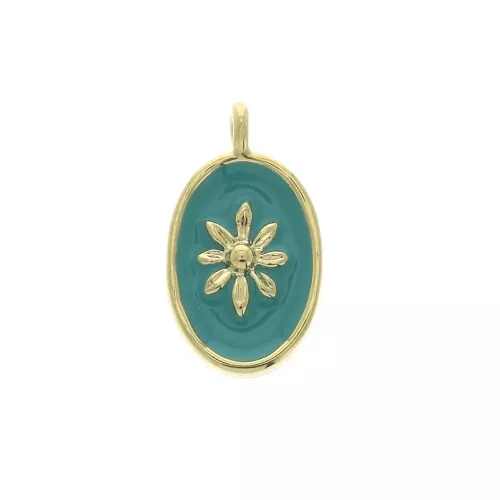 Oval charm with epoxy resin sun pattern 14x8.5 mm Gold/Turquoise x1