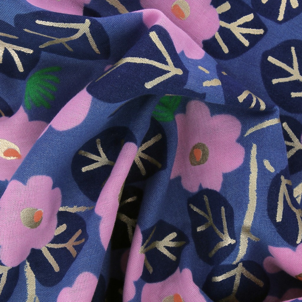 Double gauze cotton Fabric Flowers Pink/Blue/ Golden Metallic x20cm