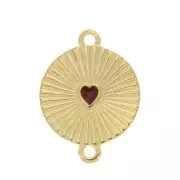 21x15.8mm Round pleated effect spacer and epoxy resin heart - Gold Tone / Red x1