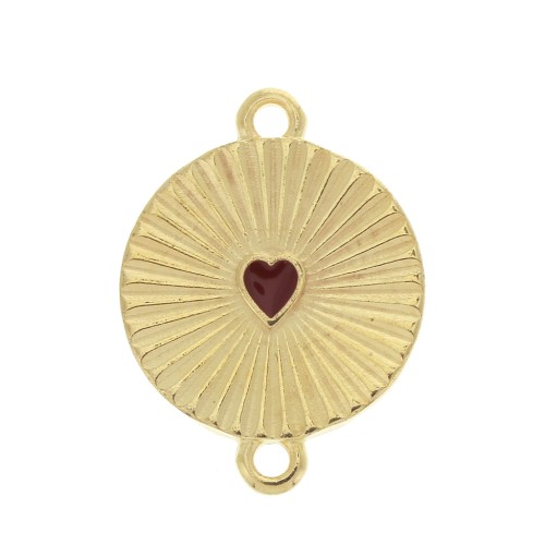 21x15.8mm Round pleated effect spacer and epoxy resin heart - Gold Tone / Red x1