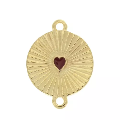 21x15.8mm Round pleated effect spacer and epoxy resin heart - Gold Tone / Red x1