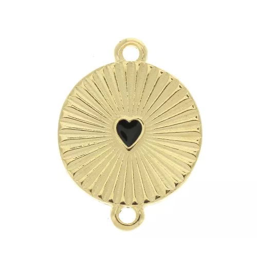 21x15.8mm Round pleated effect spacer and epoxy resin heart - Gold Tone / Black x1