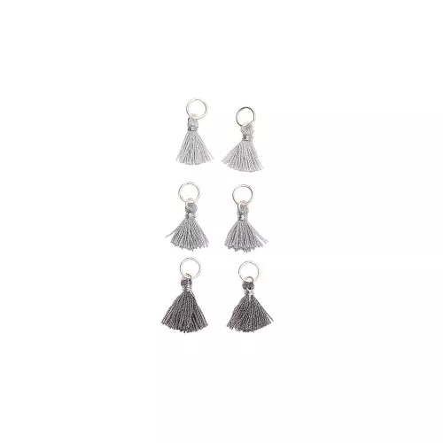 11mm cotton tassels with open jump ring - Grey/Dark Grey/Light Grey/Silver Tone x6