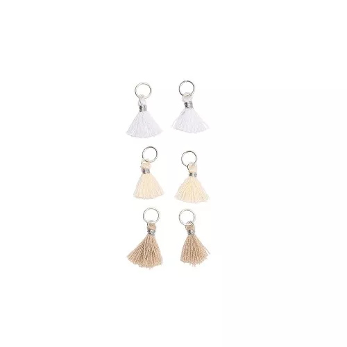 11mm cotton tassels with open jump ring - Beige/White/Ecru/Silver Tone x6
