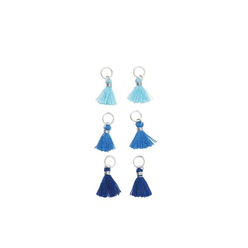 11mm cotton tassels with open jump ring - Blue/Dark Blue/Sky Blue/Silver Tone x6