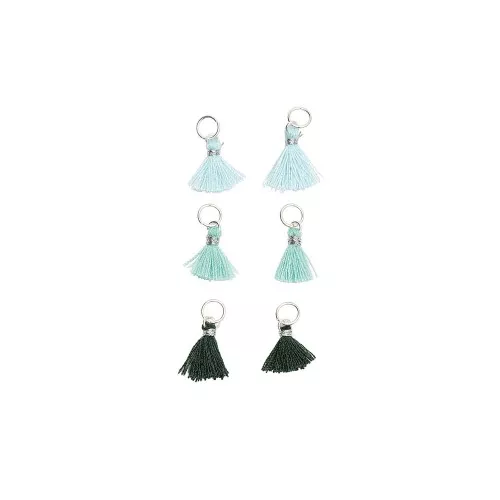 11mm cotton tassels with open jump ring - Turquoise/Dark Green/Blue/Silver Tone x6