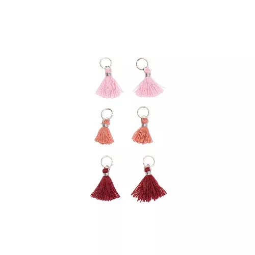 11mm cotton tassels with open jump ring - Bordeaux/Pink/Rust/Silver Tone x6