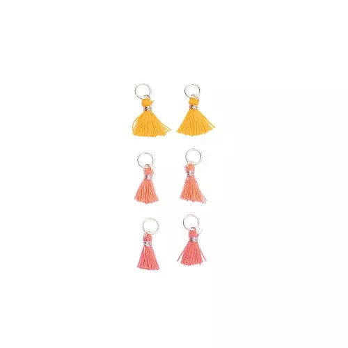 11mm cotton tassels with open jump ring - Neon Orange / Neon Pink / Silver Tone x6