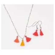 11mm cotton tassels with open jump ring - Neon Orange / Neon Pink / Silver Tone x6