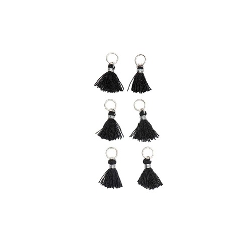 11mm cotton tassels with open jump ring - Black / Silver Tone x6