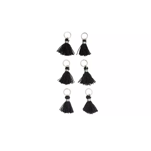 11mm cotton tassels with open jump ring - Black / Silver Tone x6