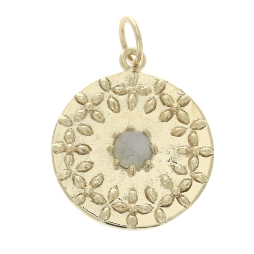 20mm Medal pendant with moonstone - Gold Plated 3 microns x1