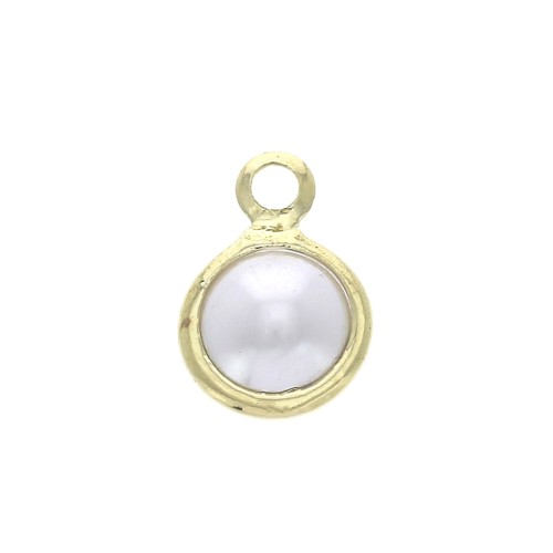6.5mm Pearl imitation round charm - White / Gold Tone x1