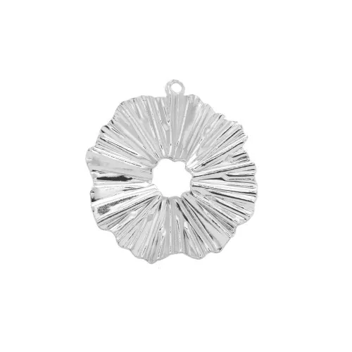 17mm Brass Irregular pleated effect round charm - Rhodium Tone x1