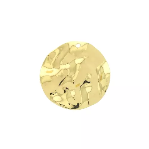 28mm Brass crumpled effect Irregular round pendant - Gold Tone x1