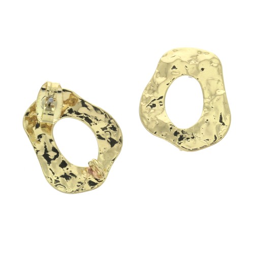 14x11mm Irregular round hammered earstuds with open jump ring - Gold Tone x2