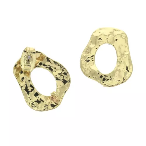 14x11mm Irregular round hammered earstuds with open jump ring - Gold Tone x2