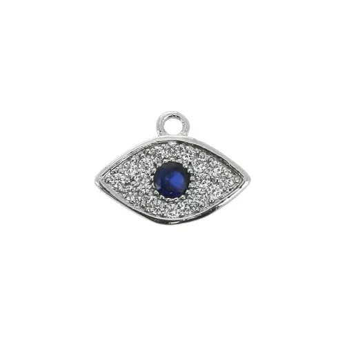8x10.5mm Blue eye charm with zirconium oxide - Blue / Rhodium Tone x1