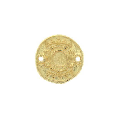 17mm Zamac ethnic pattern round 2-hole spacer - fine Gold plated x1