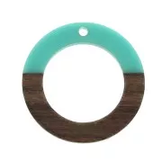 28mm wood-effect openworked round resin pendant - Turquoise / Brown x1