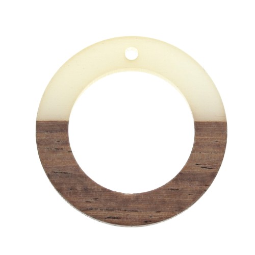 28mm wood-effect openworked round resin pendant - Transparent White / Brown x1
