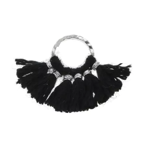 15x20mm Small fan pendant with imitation cotton tassels - Black/Silver Tone x1