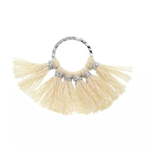 15x20mm Small fan pendant with imitation cotton tassels - Off-White/Silver Tone x1