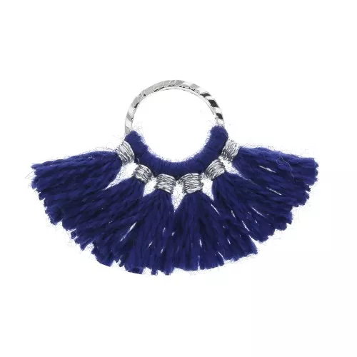 15x20mm Small fan pendant with imitation cotton tassels - Navy Blue/Silver Tone x1