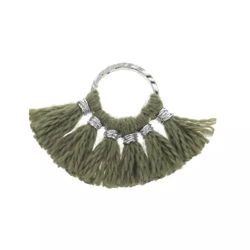 15x20mm Small fan pendant with imitation cotton tassels - Khaki/Silver Tone x1