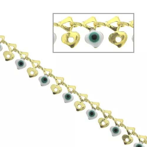 6mm Epoxy resin lucky eye charm chain - White/Turquoise/Gold Tone x50 cm