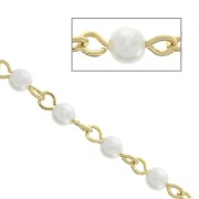 4mm Brass chain with imitation mother-of-pearl beads - White - Fine Gold Platedx1m|raw }}