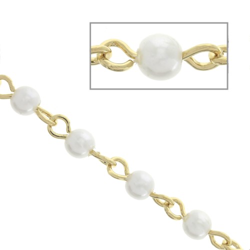 4mm Brass chain with imitation mother-of-pearl beads - White - Fine Gold Platedx1m