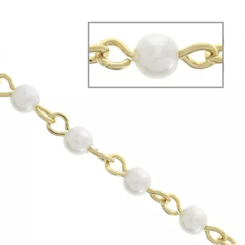 4mm Brass chain with imitation mother-of-pearl beads - White - Fine Gold Platedx1m