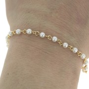 4mm Brass chain with imitation mother-of-pearl beads - White - Fine Gold Platedx1m