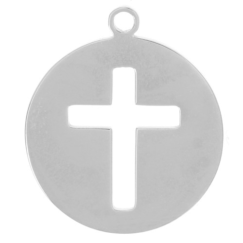 Round hollow cross charm 12 mm 316L stainless steel x1