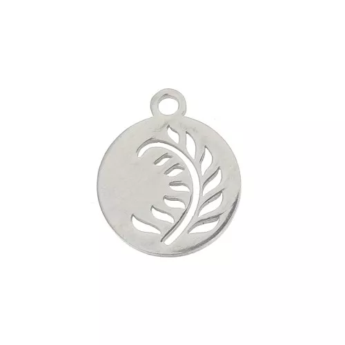 12mm Stainless Steel leaf round charm x1