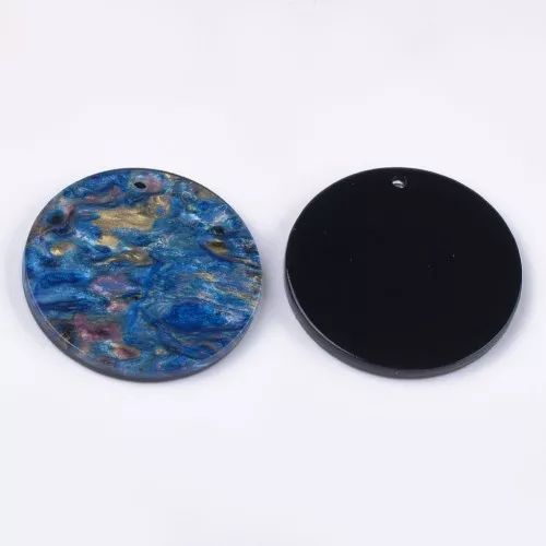 28mm Cellulose acetate round pendant - Marbled Blue - Gold x1