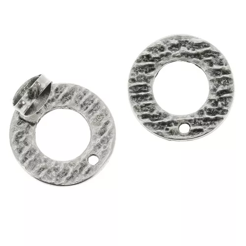 16mm Zamac round textured earstuds to decorate - Fine Antique silver plating x2