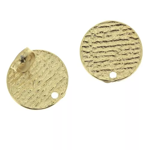 15mm Zamac round textured earstuds to decorate - fine Gold plated x2