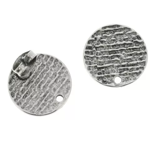 15mm Zamac round textured earstuds to decorate - Fine Antique silver plating x2