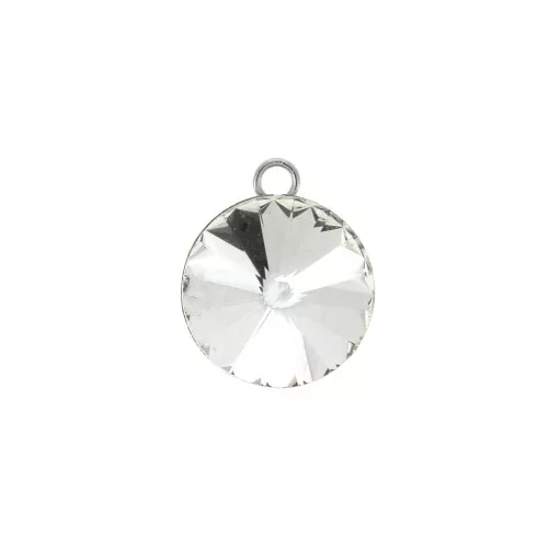 14.5x12mm Stainless Steel round Charm with faceted glass cabochon - Crystal x1