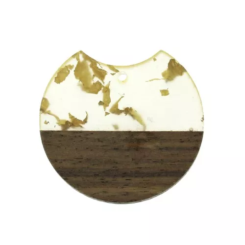 34x36.5mm Disc resin imitation wood pendant with golden fragments x1