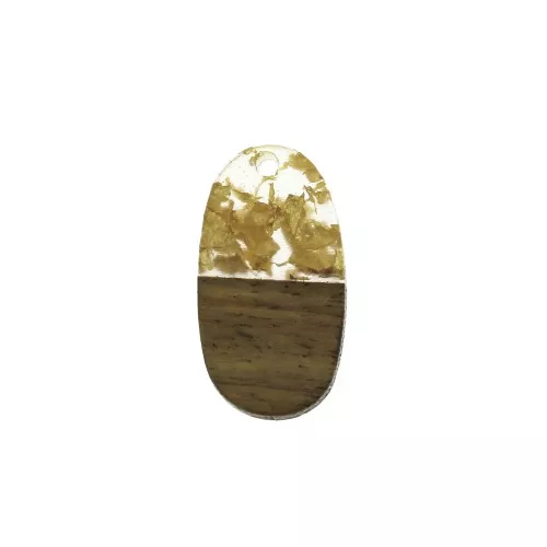 27x15mm Oval resin imitation wood pendant with golden fragments x1