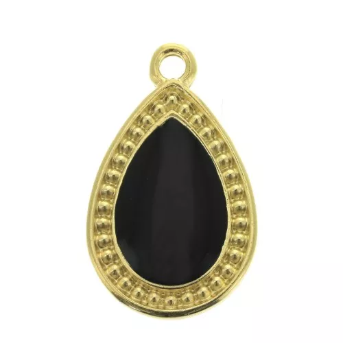 21x12mm Drop Pendant with Epoxy Resin - fine Gold plated - Black x1